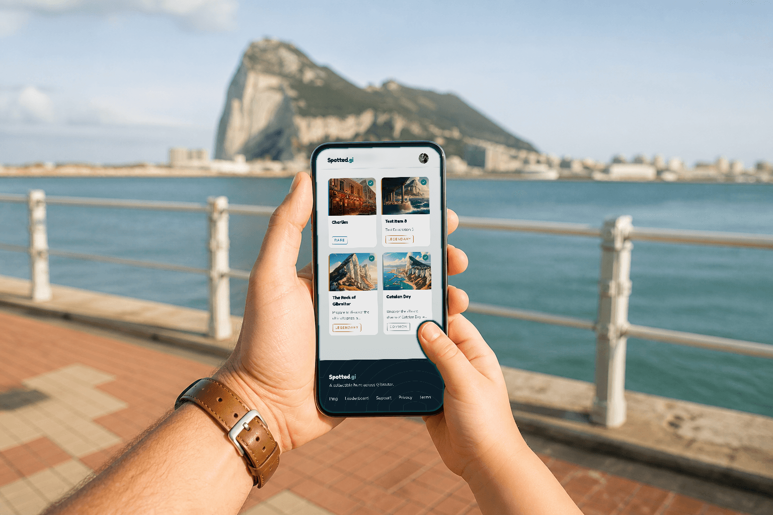 Adult and child hands on a waterfront, phone showing a grid of claimed finds from the Rock.